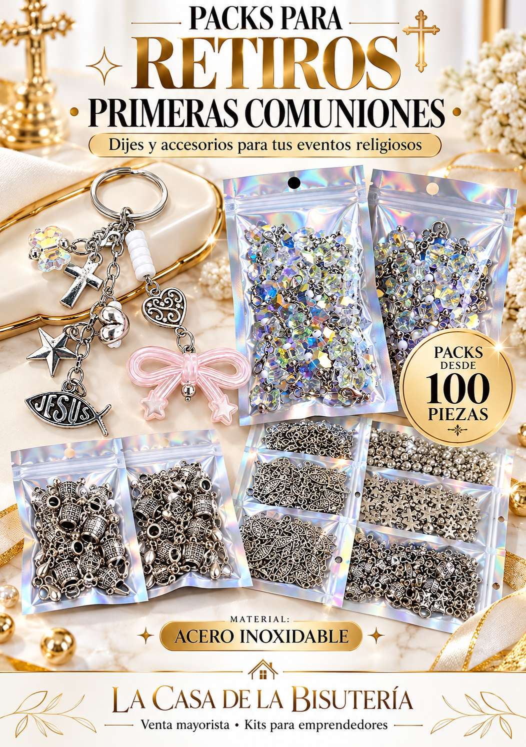 Pack de dijes religiosos para retiros, eventos, primeras comunion y más.