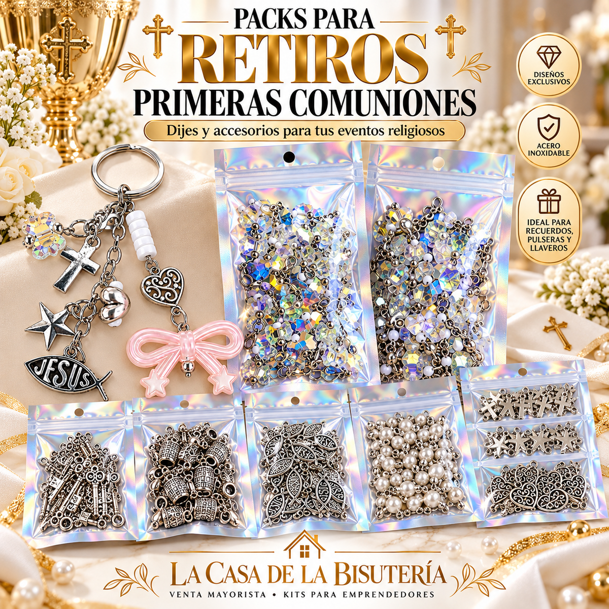 Pack de dijes religiosos para retiros, eventos, primeras comunion y más.