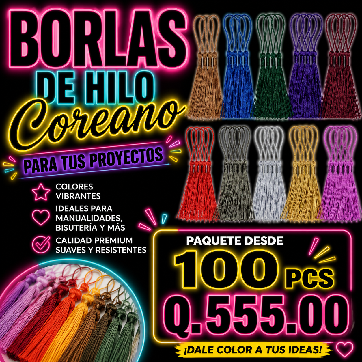 BORLAS DE HILO COREANO ALTA CALIDAD. VARIEDAD DE COLORES. PODEMOS CREAR LA CANTIDAD QUE NECESITES.